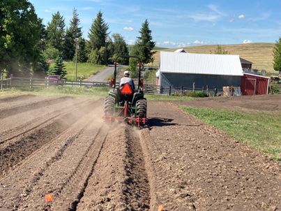 The Bald Butte Lavender Farm's tilling with rototiller followed by creating raised bed with bedder.